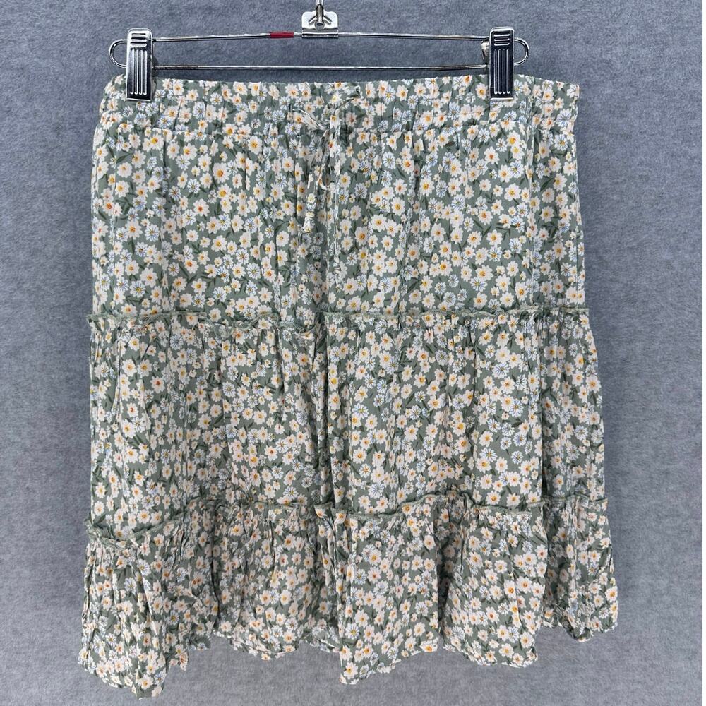 Alelly Woman’s L Daisy Print Green Mini Skirt Cotton Drawstring Beach Y2K Style